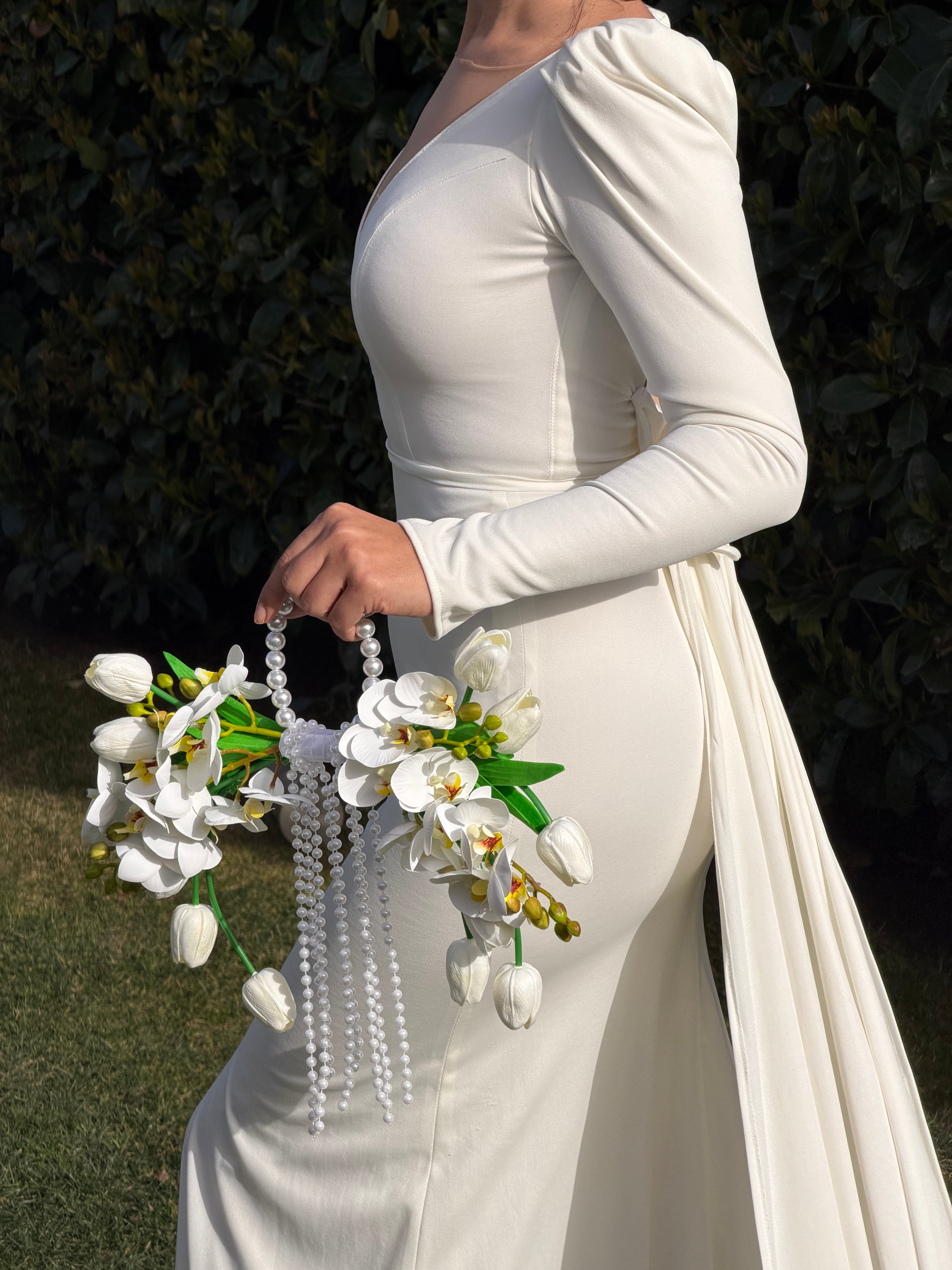 Orkide İnci Saplı Çanta Gelin Buketi